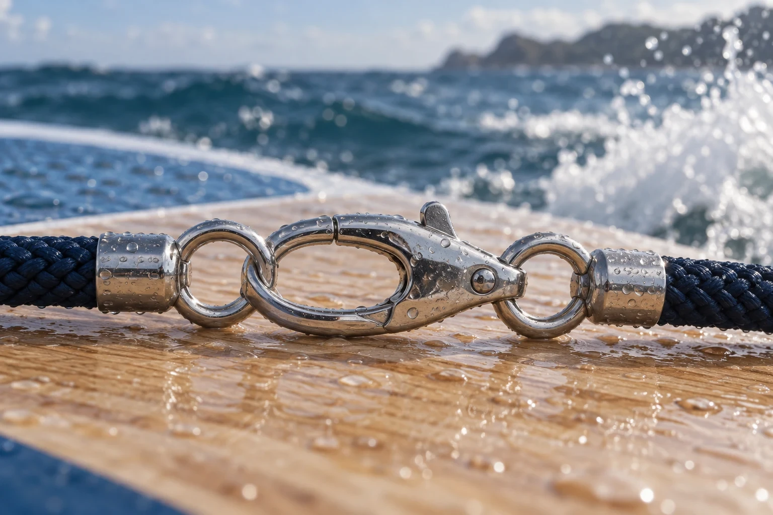 Gros plan d'un mousqueton et de ses anneaux humides sur une planche face aux vagues